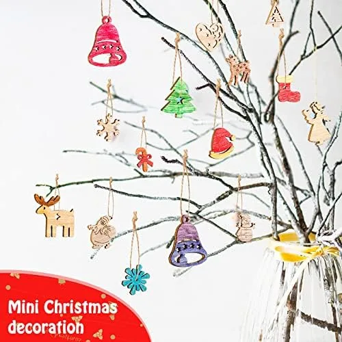 Miniatura 6 de 200 piezas de mini adornos de madera sin terminar, Halloween, Navidad, bricolaje, mini recortes de madera en blanco con caja de almacenamiento