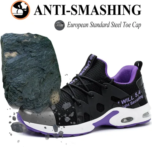 Miniatura 2 de LANSNBO Zapatos de punta de acero para mujer, zapatos de trabajo de seguridad indestructibles, con amortiguación de aire, ligeros, transpirables