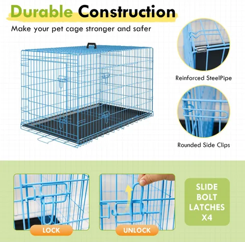 Miniatura 4 de PayLessHere - Jaula grande para perros y perrera para perros medianos y grandes, de metal, con doble puerta, plegable, para viajes, interior y Azul