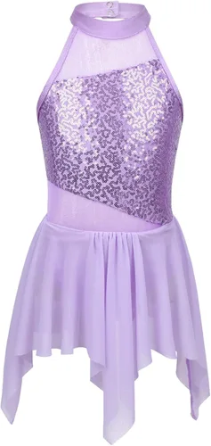 Miniatura 17 de YiZYiF Vestido de baile de lentejuelas para niños y niñas, leotardo de ballet, cuello alto, vestido lírico, traje de rendimiento irregular