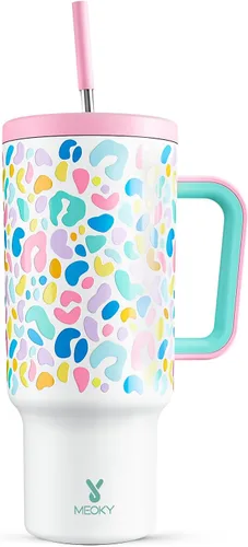 Miniatura 53 de Meoky - Vaso de 30 oz con asa, tapa y pajilla, taza de viaje térmica de acero inoxidable 100% a prueba de fugas, para portavasos, mantiene el frío