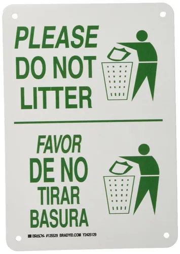 Brady 125529 Letrero bilingüe, leyenda "Please Do Not Litter/Favor De No Tirar Basura", 10" de altura, 7" de ancho, verde sobre blanco