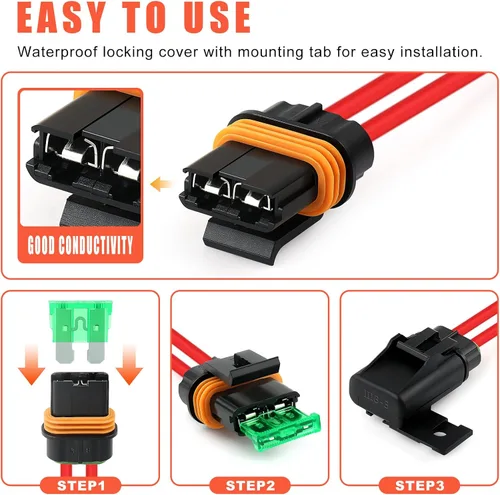 Miniatura 4 de Zhushan Juego de 6 portafusibles en línea 12V a prueba de agua – Portafusibles de cuchilla ATO/ATC de 12AWG con cubierta – Juego de fusibles