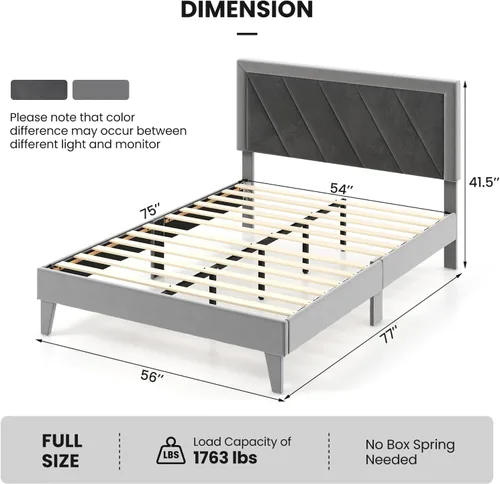 Miniatura 2 de Giantex Base de cama de terciopelo de tamaño matrimonial con cabecero, moderna plataforma tapizada, base de colchón con 12 listones de madera