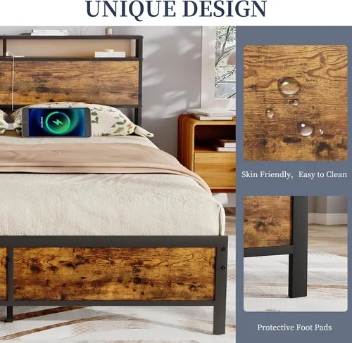 Miniatura 9 de Base de cama Queen con luces LED, cabecera de almacenamiento industrial con estación de carga y puerto USB, marco de cama industrial moderno