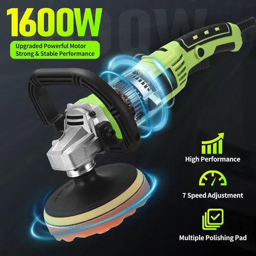 Miniatura 2 de Pulidora de búfer, 1600 W, 6 pulgadas/7 pulgadas, cera pulidora rotativa para automóvil, 7 velocidades variables 1600-3500 RPM, pulidora y pulidora