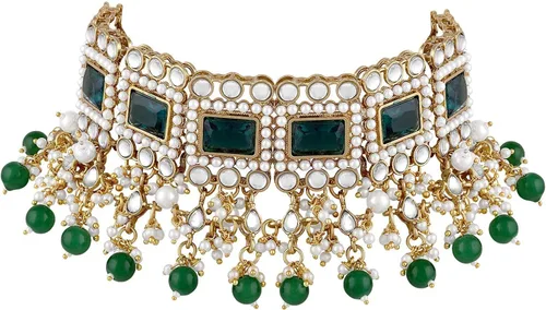 Miniatura 6 de Aheli Traditional Ethnic Kundan Pearls Bridal Choker Necklace Earring Maang Tikka Indian Bollywood Jewelry Set Gift for Women Green