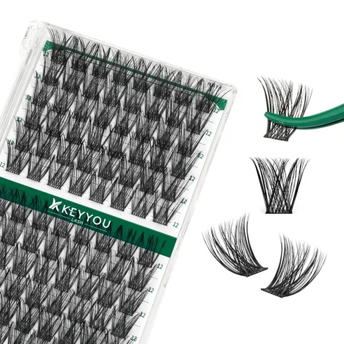 Miniatura 90 de KEYYOU Racimos de pestañas, 96 piezas de extensiones de pestañas DIY, rizado D de 16 mm, negro, realista, no irritante, fácil de colocar en casa