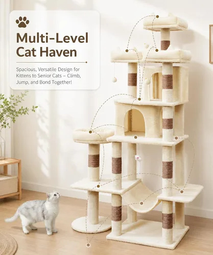 Miniatura 2 de PMT03BW - Árbol para gatos de interior, torre grande de 71 pulgadas con poste rascador y percha superior, hamaca, condominio para gatos adultos