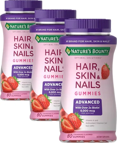 Nature's Bounty Optimal Solutions Advanced Hair Skin, Nails, 2X Biotina, 80 gomitas de fresa, 40 porciones en total (paquete de 3)