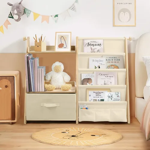 Miniatura 2 de Estantería infantil y organizador de juguetes 2 en 1, estante para libros para habitaciones de niños con cubo de juguetes móvil, estante de 4 Beige