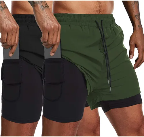 COOFANDY Paquete de 2 pantalones cortos para correr 2 en 1 para hombre, pantalones cortos de entrenamiento de secado rápido para gimnasio,