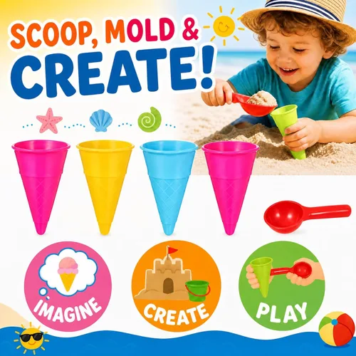 Miniatura 2 de Toyvian 6 piezas de juguetes de arena de conos de helado de plástico para niños, juego de juguetes de arena de helado con cuchara de arena, cuchara