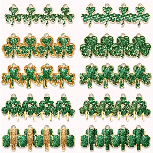Miniatura 7 de 40/80 dijes de trébol del día de San Patricio para hacer joyas, diamantes de imitación esmaltados con sombrero verde y hojas colgantes