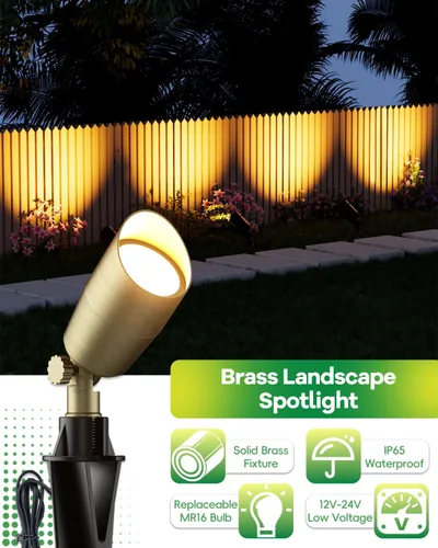 Miniatura 4 de Luz de paisaje de latón de bajo voltaje, foco sólido para exteriores con bombilla LED MR16 reemplazable de 5 W, 2700 K blanco cálido, iluminación