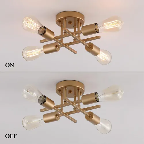 Miniatura 6 de AIHYING Lámpara de techo de 4 luces para montaje semiempotrado, lámpara de araña dorada de estilo industrial granja de mediados del siglo