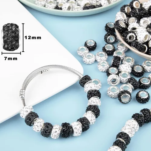 Miniatura 2 de 200 Piezas Cuentas Europeas de Agujero Grande Espaciadoras de Diamantes de Imitación Negro Blanco Lampwork para Manualidades de Bricolaje, Dijes