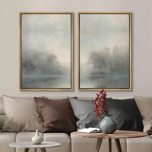Miniatura 3 de MUDECOR Lienzo enmarcado para pared, bosque brumoso, reflejos, paisaje tranquilo, ilustraciones modernas, arte decorativo, bohemio, tranquilo/zen