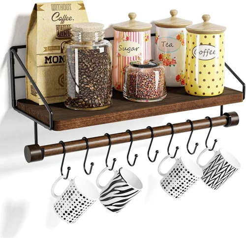Miniatura 8 de Alsonerbay Estantes flotantes de pared para dormitorio, estantes de baño montados en la pared con toallero, estante de madera rústica de cocina