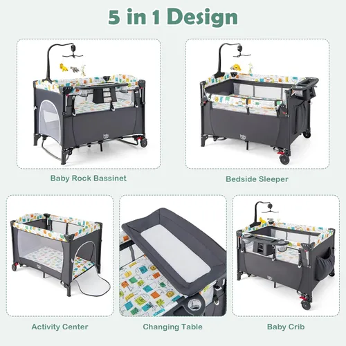 Miniatura 2 de BABY JOY Paquete y juego 5 en 1, cama de noche para bebé con moisés, cuna multifunción para recién nacidos hasta niños pequeños, cambiador de Gris