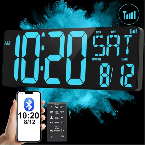 XREXS Reloj de pared digital grande de 17.2 pulgadas, sincronización Bluetooth, relojes atómicos precisos con control remoto, reloj de abuelo con