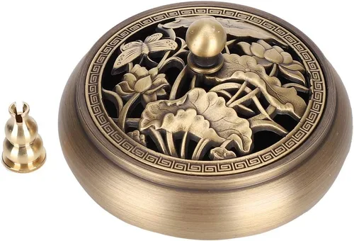 LIZEALUCKY Quemador de incienso, quemador de incienso de cobre con reflujo de cobre, soporte de bobina de cono de incienso vintage con decoraciones