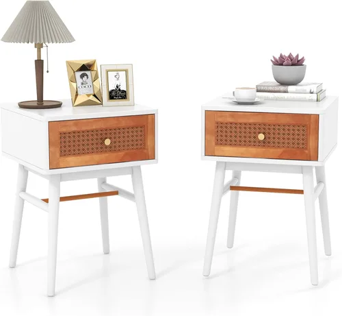Miniatura 10 de Giantex Mesita de noche de ratán, mesa auxiliar bohemia con cajón de almacenamiento decorado de ratán y patas de madera maciza, mesita de noche