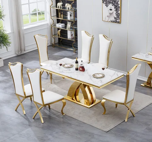 Miniatura 4 de Juego de 6 sillas de comedor modernas tapizadas de cuero con patas de acero inoxidable doradas, sillas de cocina contemporáneas sin brazos con Cuero