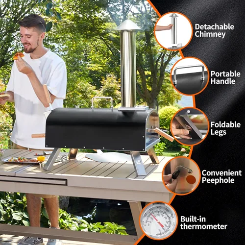 Miniatura 3 de PIZZELLO Horno de pizza de 16" para exteriores de propano y leña Multi-combustible horno de pizza grande de acero inoxidable con quemador de gas