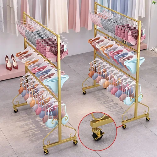 Miniatura 9 de Soporte de exhibición de ropa interior de pie con ruedas, tienda al por menor moderna de 3 niveles, soporte de sujetador de doble cara, pantalones