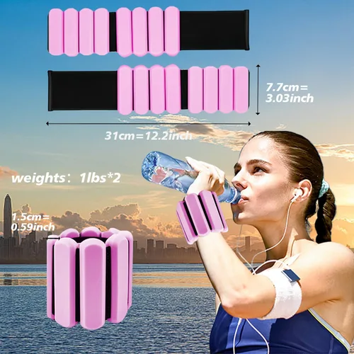 Miniatura 6 de Pesas ajustables de muñeca y tobillo para mujeres y hombres, paquete de 2 (1 libra cada una), brazalete de silicona con peso para pilates, gimnasio