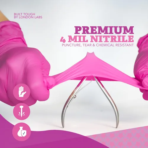 Miniatura 2 de London Labs 4 mil guantes de nitrilo rosa fucsia, desechables, sin látex y sin polvo, resistentes a productos químicos, guantes de goma rosa