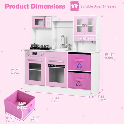Miniatura 7 de INFANS Juego de cocina para niños, cocina de madera con luces realistas, sonidos, cafetera, lavavajillas, microondas, horno, cajones de tela Rosa