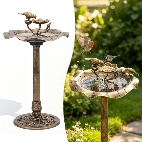 Magshion Bañera y comedero para pájaros de 35 pulgadas para exteriores, bañera de pájaros con pedestal con diseño de loto vintage, construcción de