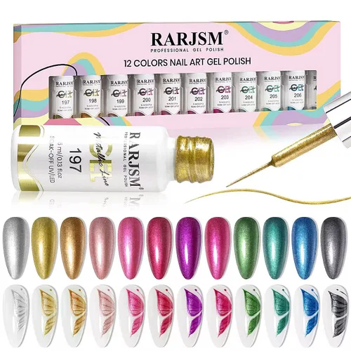 RARJSM Juego de esmaltes de uñas de gel metalizados para arte de uñas, negro, plata, oro rosa, azul, verde, rojo, con brillantina, 12 colores, 0.2