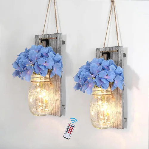 Miniatura 7 de Conjunto de Decoración de Pared Rústica de Dos Piezas - Apliques de Frasco Mason con Luces de Hadas LED y Flor de Rosa, Decoración del Hogar Arte