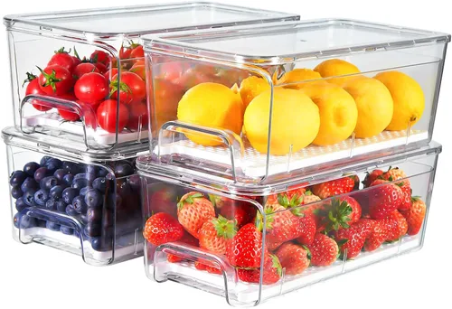 Miniatura 8 de Cajón organizador extraíble para refrigerador, contenedores apilables para refrigerador con bandeja de drenaje y tapa, caja transparente