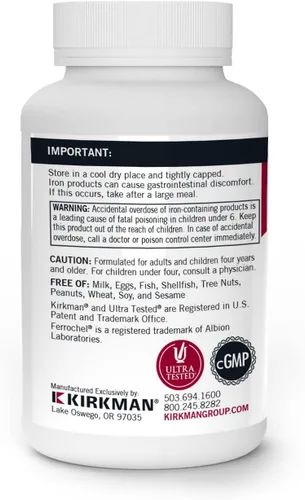 Miniatura 3 de Kirkman Iron Ferrochel 5 mg - 120 cápsulas vegetarianas - Quelato de bisglicinato ferroso - Forma suave de absorción superior - Hipoalergénico
