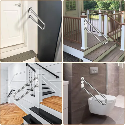 Miniatura 6 de Pasamanos de acero inoxidable de 20 pulgadas para 1-3 escalones, tubo de 1.25 pulgadas, barra de seguridad cromada en forma de U para escaleras