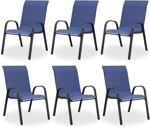 Miniatura 12 de Juego de 4 sillas de comedor para patio, sillas de comedor apilables, respaldo alto, tela de asiento transpirable y marco de acero de aleación