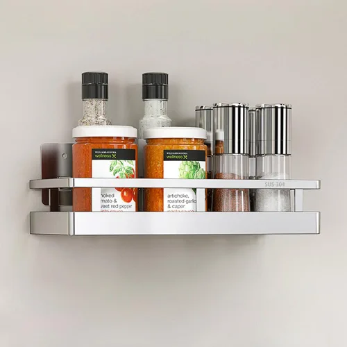 SUS304 - Cesta de almacenamiento de especias de acero inoxidable para montaje en pared, contenedor de condimentos, organizador de especias de