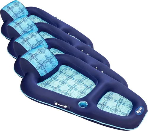 Miniatura 7 de Aqua Luxury - Colchón inflable extralargo para piscina, flotador con reposacabezas, respaldo y reposapiés, diseño azul marino/azul claro