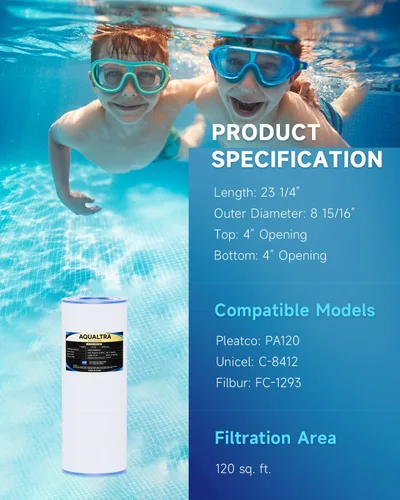 Miniatura 3 de AQUALTRA Cartucho de filtro de piscina compatible con C1200, PA120, CX1200RE, C-8412, FC-1293, 120 pies cuadrados, 23 1/4 pulgadas x 8 15/16