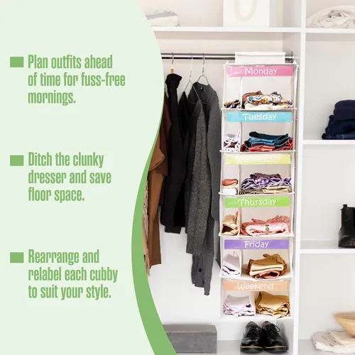 Miniatura 3 de Houseables Organizador de ropa para niños, organizador semanal de ropa para niños, organizadores de atuendos, almacenamiento diario de ropa de Blanco