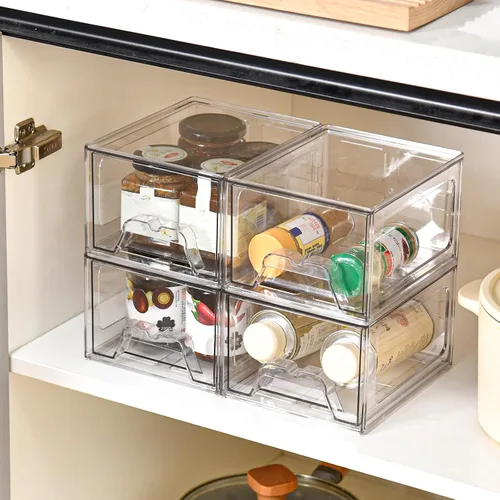 Miniatura 6 de Juego de 4 cajones organizadores de maquillaje apilables, organizadores de plástico transparente para suministros de belleza, ideal para tocador