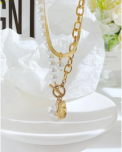 Miniatura 2 de Aleasha Gargantilla de cadena de serpiente dorada con collar de perlas barrocas para mujer, joyería de acero inoxidable, regalos, Acero inoxidable
