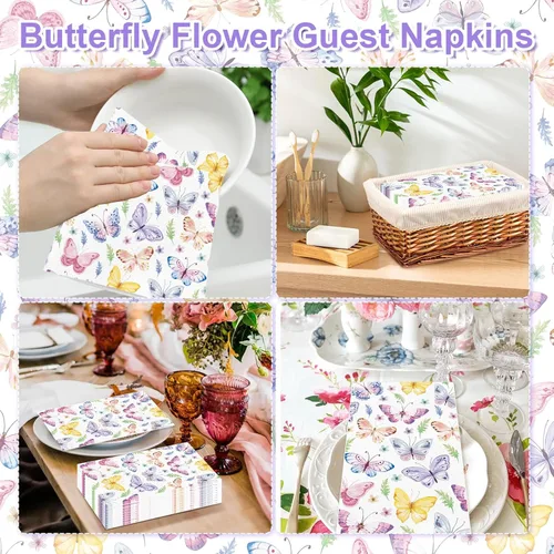 Miniatura 7 de 100 servilletas de papel de mariposa, toallas de mano desechables para baño, 3 capas, mariposas y flores coloridas, servilletas de invitados