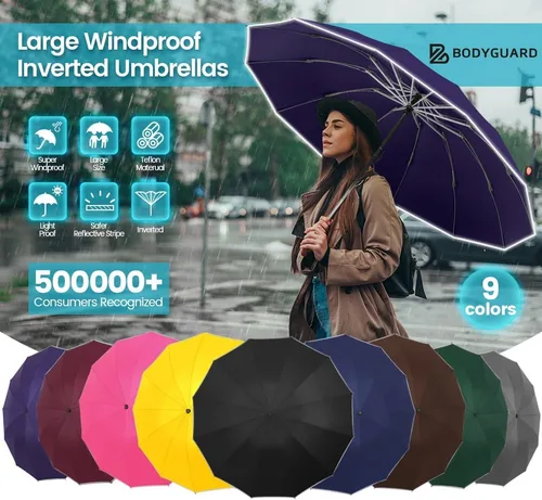 Miniatura 8 de Bodyguard Inverted Umbrella, Large Windproof Umbrellas for Rain & Sun, Compact Umbrella Reverse Umbrella with Reflective Stripe, Teflon Umbrella for
