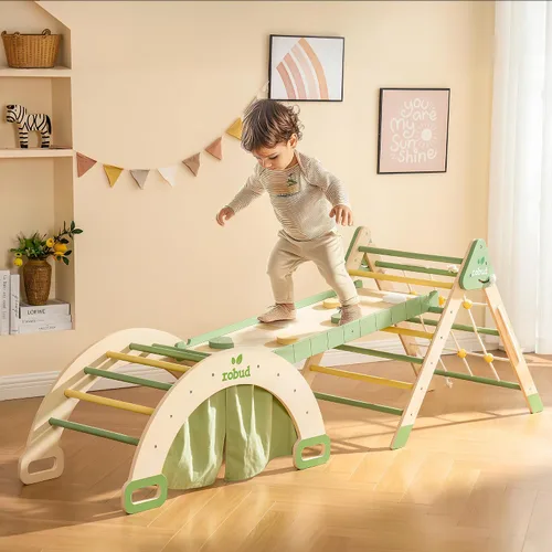 Miniatura 9 de ROBUD Juego de Triángulo Pikler 7 en 1, juguetes plegables de escalada de madera para niños pequeños, juego de escalada plegable Montessori con red