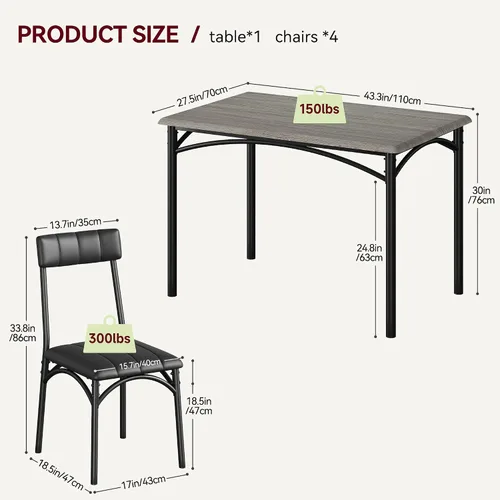 Miniatura 6 de Amyove Mesa y sillas de cocina, juego de mesa de comedor para 4 personas con sillas tapizadas, juego de mesa de cocina rectangular de metal y madera